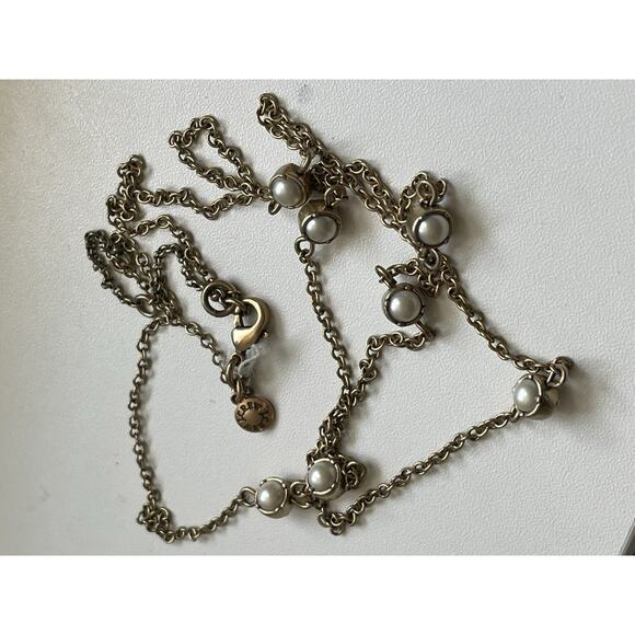 J. Crew Faux Pearl Long Station Necklace Antique Gold Tone 32” - Picture 2 of 5
